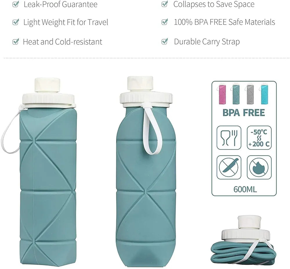 Collapsible Silicone Water Bottle – 600ML | BPA-Free, Leak-Proof, Portable & Foldable